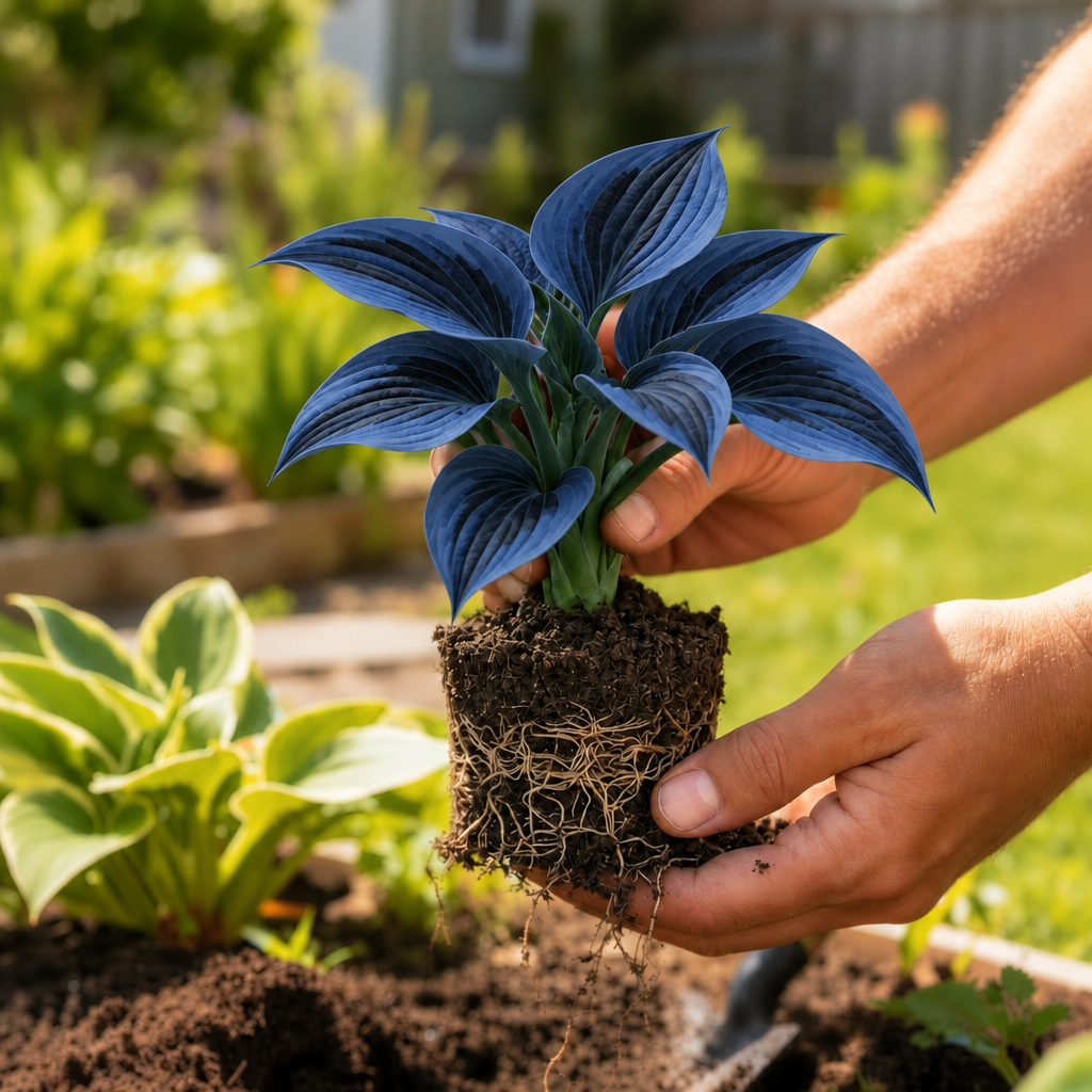 Illustrative small striped hosta held in hands with soil and roots; not verified stock