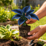 Illustrative small striped hosta held in hands with soil and roots; not verified stock