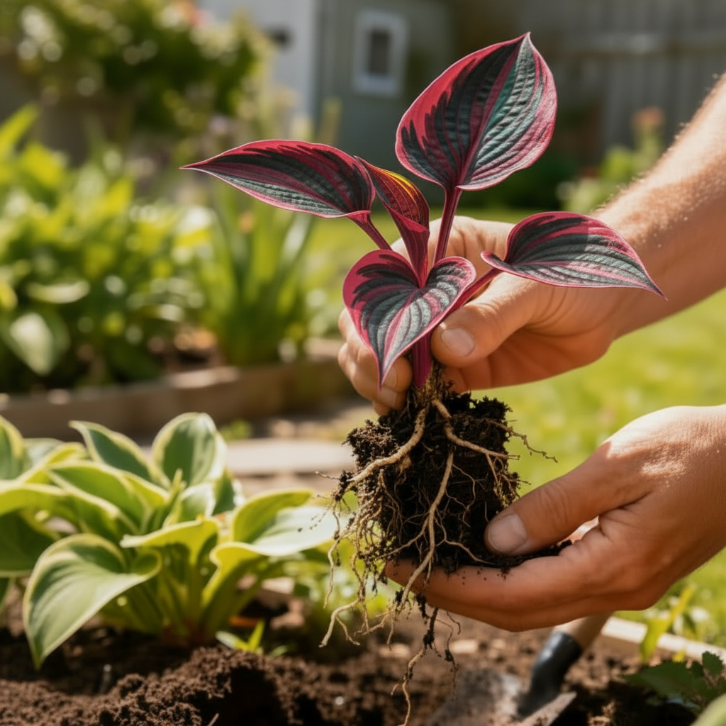Purple Haze Hosta held in garden - bulb reference