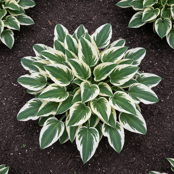 Cream & Green Variegated Hosta top view in garden