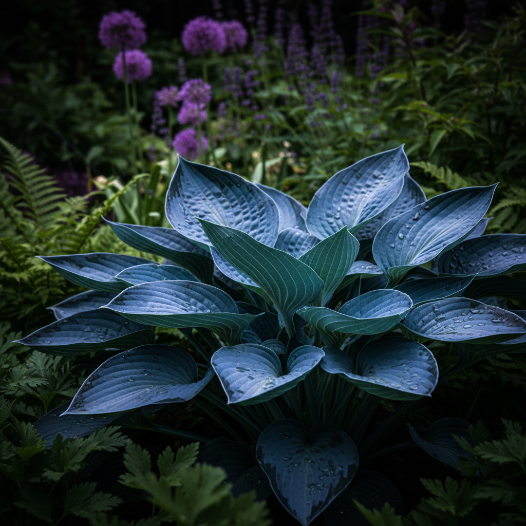 Electric Blue Hosta side view in garden
