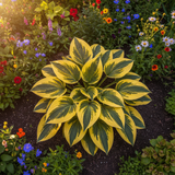Golden Black-Stripe Hosta top view in garden